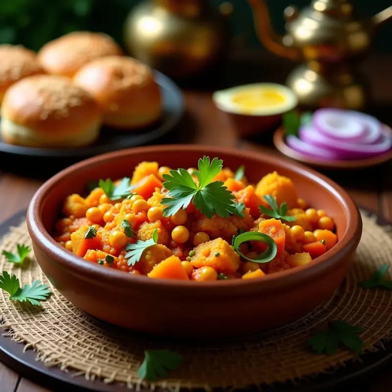 Plato hondo de barro con Pav Bhaji indio vegetariano, una mezcla espesa de coliflor, patatas y garbanzos con especias, acompañado de pan integral tostado con semillas de sésamo. Decorado con cilantro fresco y rodajas de limón sobre un mantel rústico.