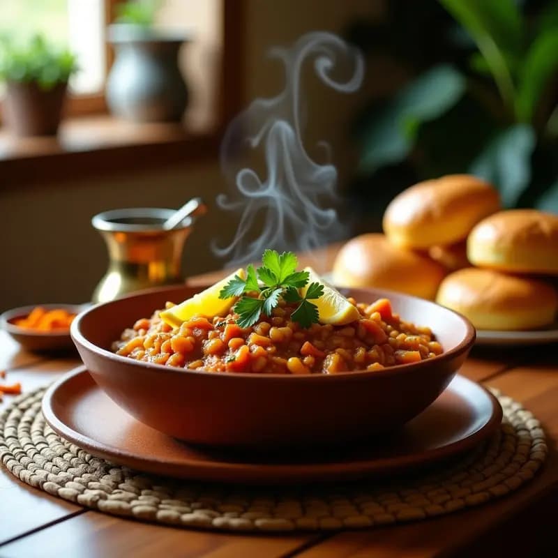 Plato hondo de barro con Pav Bhaji Indio de color dorado intenso, decorado con cilantro fresco y rodajas de limón, acompañado de panecillos al azafrán dorados y brillantes. Receta vegetariana de Mumbai en sartén.