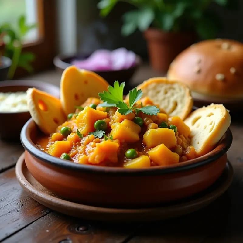 Plato hondo de barro con Pav Bhaji Indio: curry cremoso de coliflor, espinacas y calabacín con especias, acompañado de panecillos suaves dorados en ghee. Receta vegetariana en 20 minutos.
