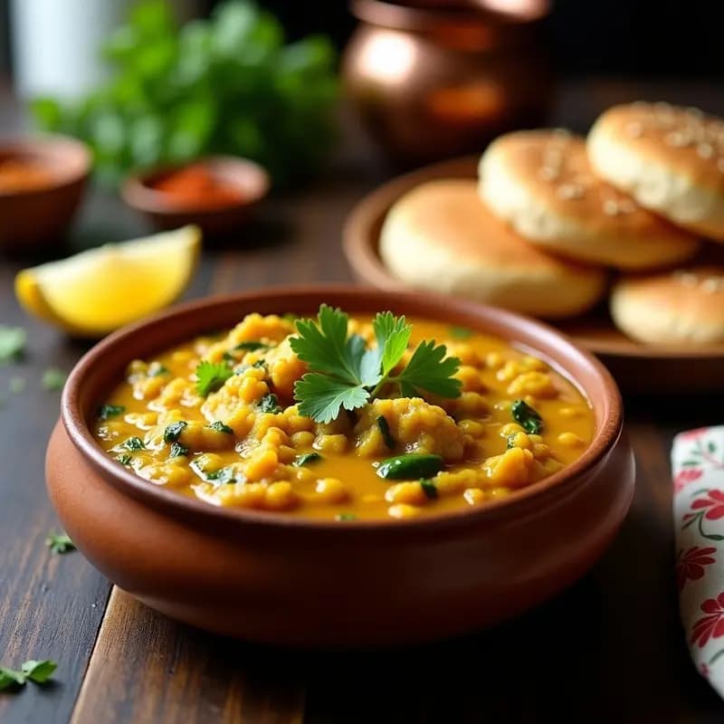 Plato de pav bhaji sin gluten con puré espeso de coliflor, calabacín y espinacas, especiado con cúrcuma y garam masala, acompañado de panecillos dorados de harina de garbanzo con semillas de sésamo. Decorado con cilantro fresco y rodajas de limón.
