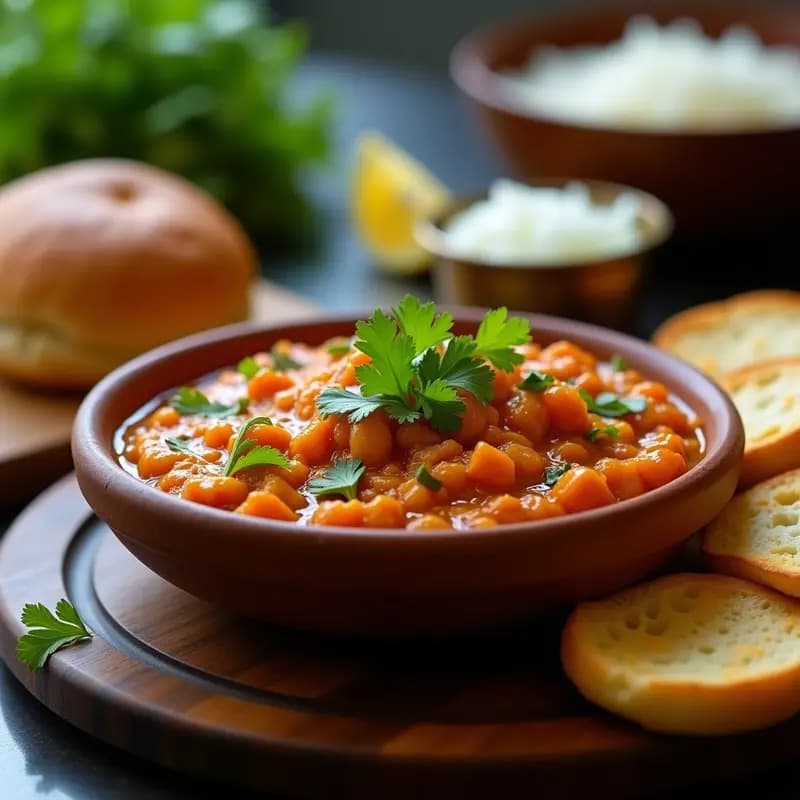 Plato hondo de barro con puré espeso de Pav Bhaji India de verduras mix, rodeado de panecillos suaves tostados en mantequilla, decorado con cilantro fresco y rodajas de limón.