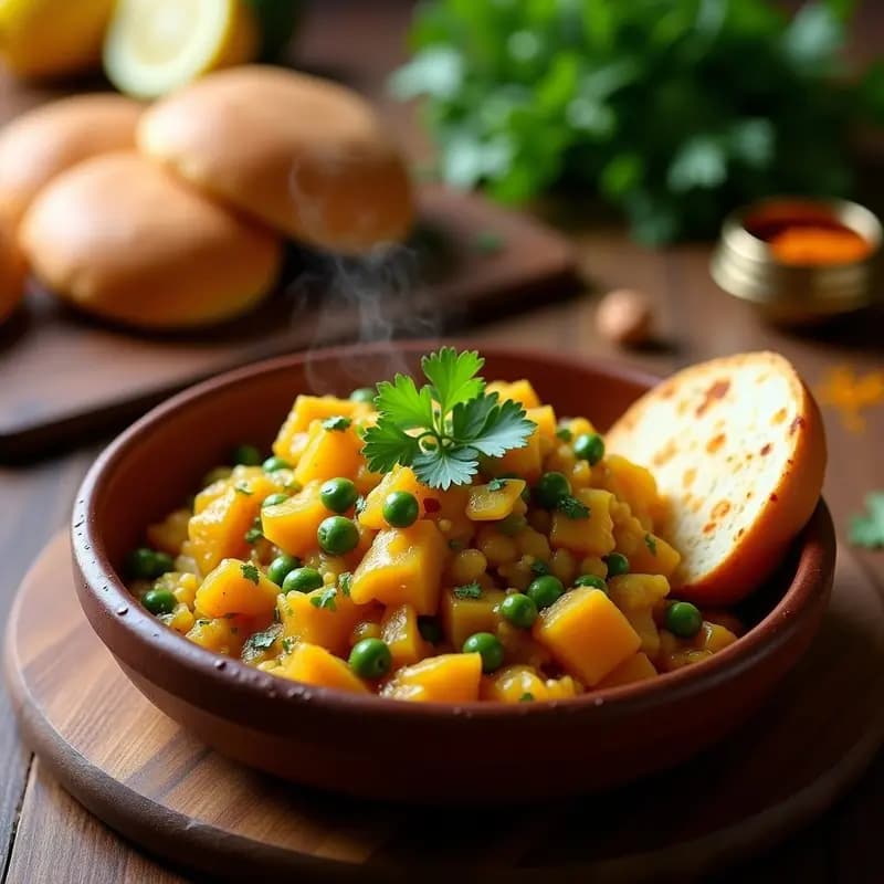 Plato hondo de barro con Pav Bhaji Indio: puré espeso de verduras doradas y especiadas, acompañado de panecillos tostados con mantequilla clarificada y cilantro fresco, receta callejera vegetariana en sartén.