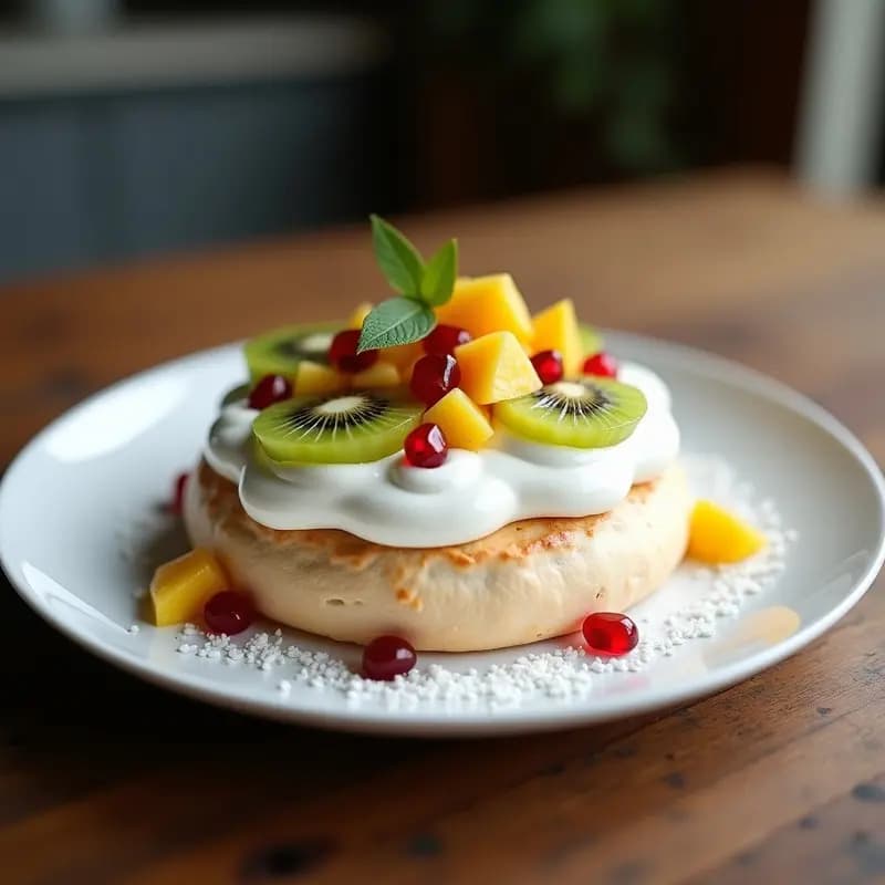 Pavlova australiana con base de merengue dorado y crocante, coronada por crema batida suave, rodajas de kiwi verde, cubos de mango amarillo, trozos de piña y granos de granada rojos, espolvoreada con coco rallado sobre un plato blanco elegante.
