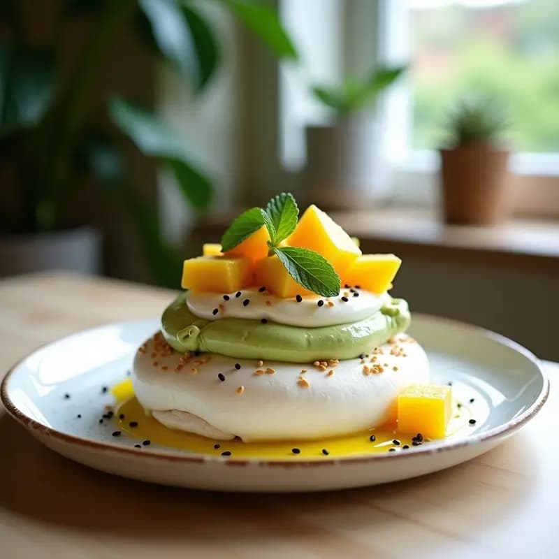 Pavlova de merengue de matcha con base crujiente y esponjosa, decorada con crema de coco, trozos de mangostán y pitahaya amarilla, coulis de maracuyá y semillas de sésamo negro, sobre un plato blanco rústico con fondo borroso.