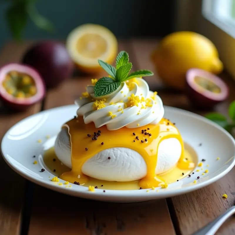 Pavlova de Limón y Merengue con Frutos de la Pasión: base de merengue blanca y crujiente con centro relleno de crema de coco batida y pulpa de frutos de la pasión, decorada con cáscara de limón rallada sobre fondo rústico.