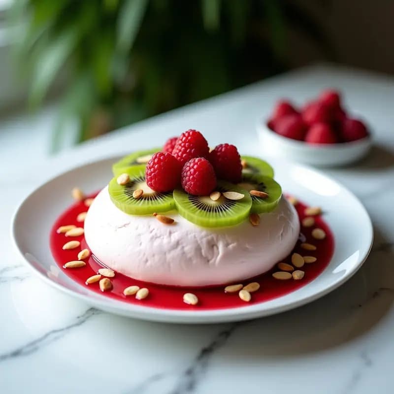 Pavlova australiana con base de merengue rosado esponjoso y crujiente, decorada con láminas de kiwi verde, frambuesas frescas rojas, almendras fileteadas y un hilo de coulis de frambuesa brillante, sobre fondo blanco.