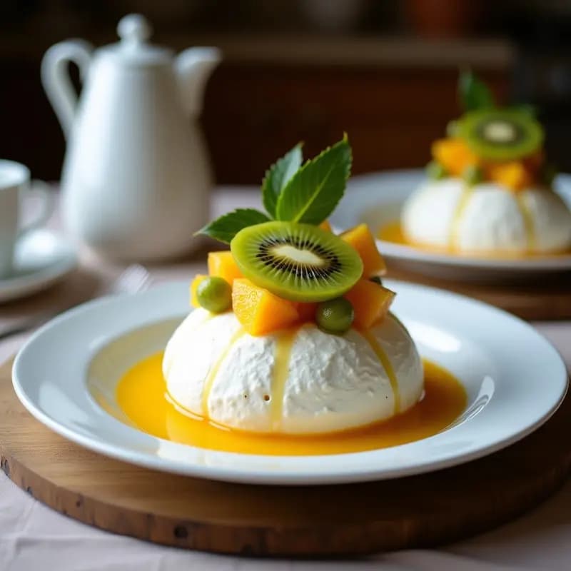 Pavova de Kiwi y Maracuyá con Crema de Coco en plato blanco: base de merengue dorado crujiente, rellena de crema de coco espesa, decorada con rodajas de kiwi verde, pulpa de maracuyá amarilla y coco rallado blanco. Postre australiano sin gluten y sin azúcar.