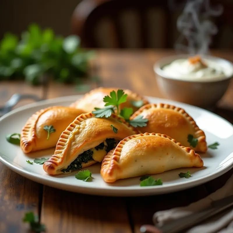 Pcepti georgiano dorado y crujiente en airfryer, relleno de espinacas y queso sulguni fundido, servido en plato de cerámica con hierbas frescas.