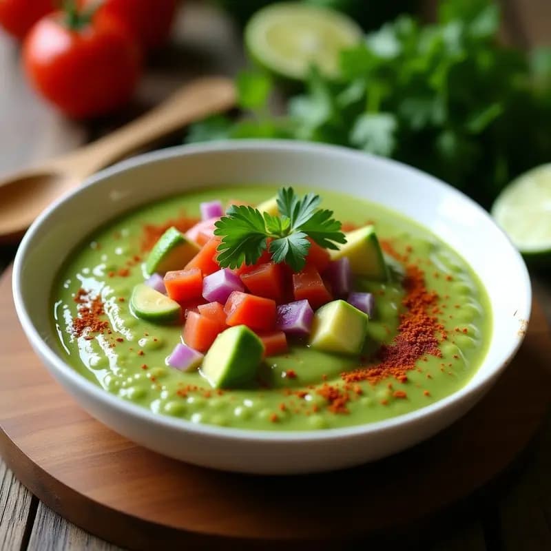 Bowl de cerámica blanca con pebre chileno con aguacate y merquén, salsa picante tradicional de color verde vibrante con trozos de tomate rojo, cebolla morada y hierbas frescas, acompañada de rodajas de limón y un espolvoreado de merquén en polvo sobre una mesa de madera rústica.