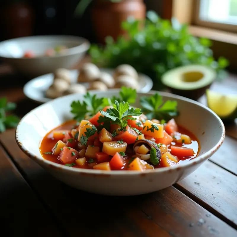 Bol de cerámica blanca con pebre chileno con choritos y limón, salsa fresca de color verde vibrante con trozos de choritos, tomate, cebolla morada y cilantro. Acompañado de rodajas de limón verde y mariscos frescos sobre una mesa de madera rústica.