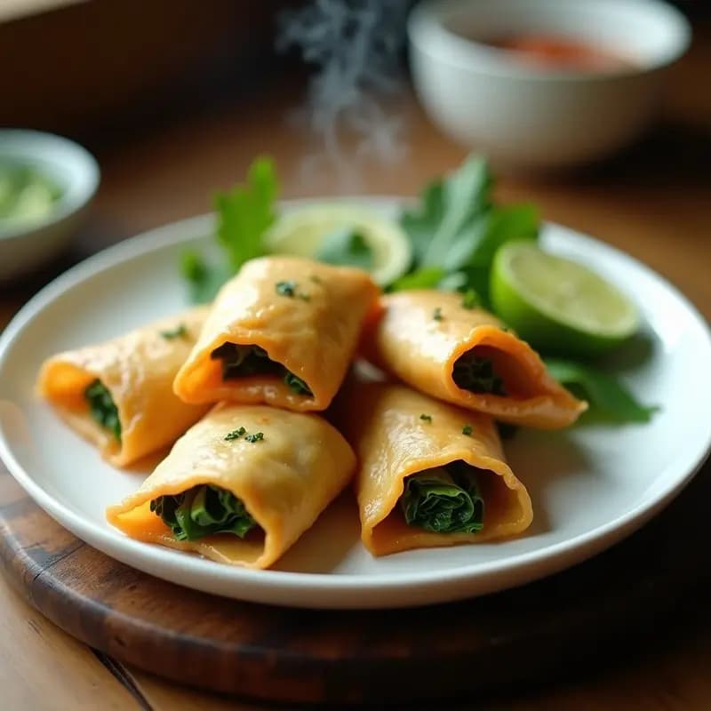 Pécela filipina horneada: paquetes dorados de hojas de lumpia rellenos de pollo y espinacas, servidos en plato blanco con cilantro fresco y rodajas de calamansi al lado.