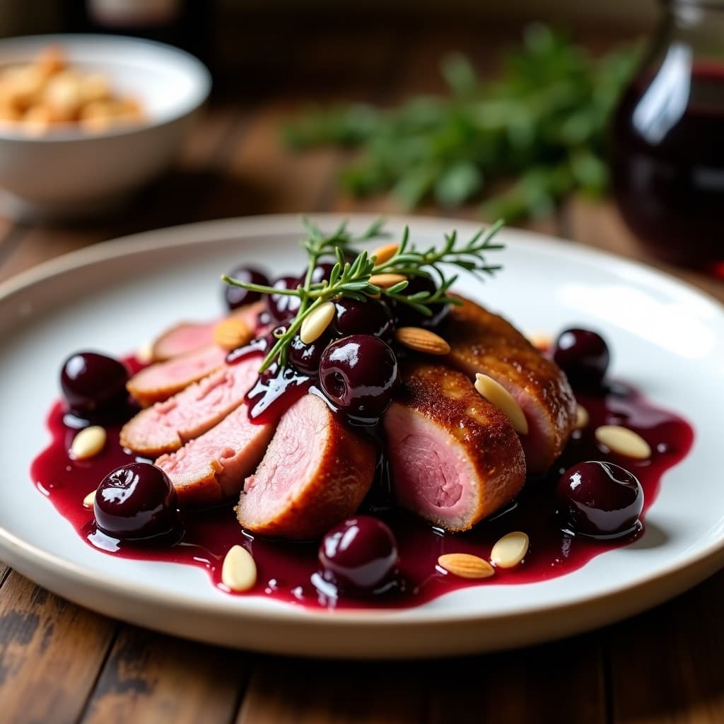 Pechuga de pato dorada servida sobre un plato blanco con salsa de vino tinto y cerezas negras brillante, decorada con almendras fileteadas y hojas de timo fresco. Receta francesa gourmet.