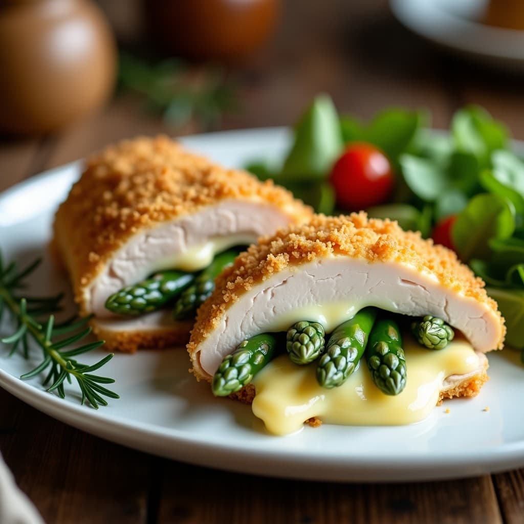 Pechuga de pavo rellena de espárragos verdes y queso brie fundido, cortada en rodajas para mostrar el interior cremoso, con piel dorada y crujiente, acompañada de romero fresco sobre un plato blanco, receta en airfryer.