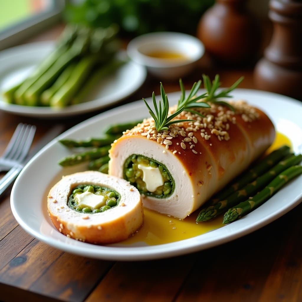 Pechuga de pavo rellena de espárragos trigueros y queso de cabra al horno, cortada en rodajas gruesas, con almendras fileteadas doradas y romero fresco. Plato keto bajo en carbohidratos y alto en proteínas.