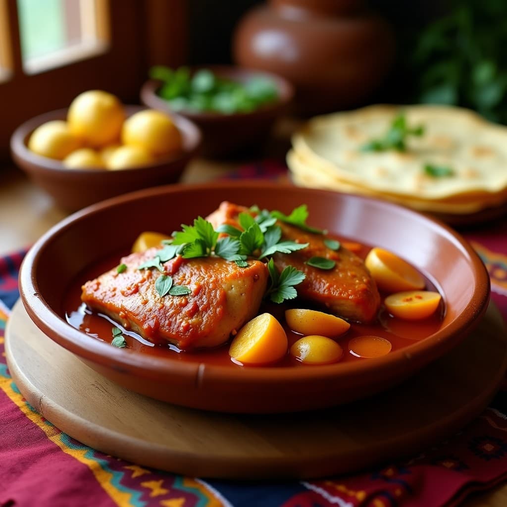 Plato hondo de barro con pechuga de pavo al romerito en salsa espesa color rojizo, decorada con hojas verdes de romerito fresco. Acompañado de papas cambray doradas y tortillas de maíz. Receta mexicana tradicional en olla lenta.