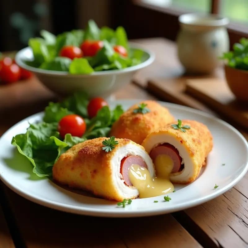 Pechuga de pollo rellena de jamón y queso cortada en medallones, mostrando el relleno fundido de queso emmental y jamón serrano, con un empanizado dorado y crujiente, servida en un plato blanco con ensalada verde de fondo.