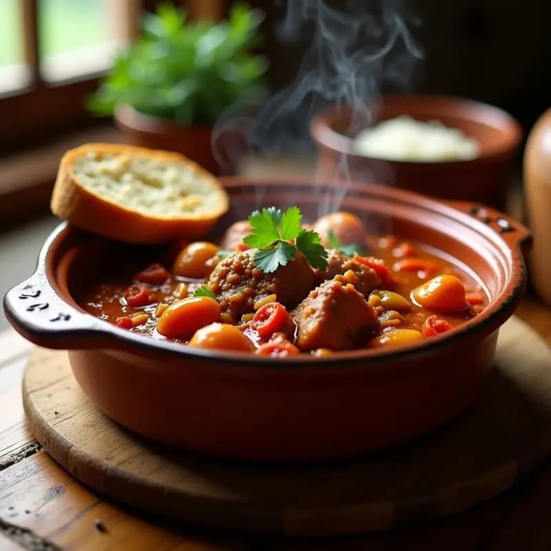 Estofado sudafricano pedi bolo en olla de barro, con trozos de carne en salsa espesa de tomate, cebolla y especias, servido con pan fresco.