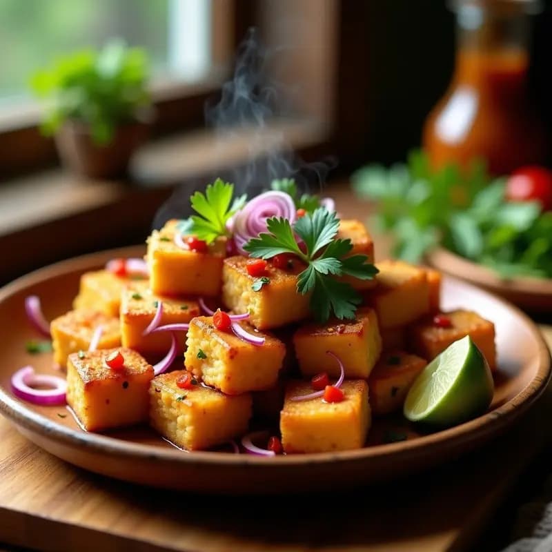 Plato de Pedi Budi indonesio con tofu frito dorado en cubos, cubierto de salsa espesa de cacahuete picante y dulce, decorado con cebolla morada y chile rojo fresco sobre fondo rústico de madera.
