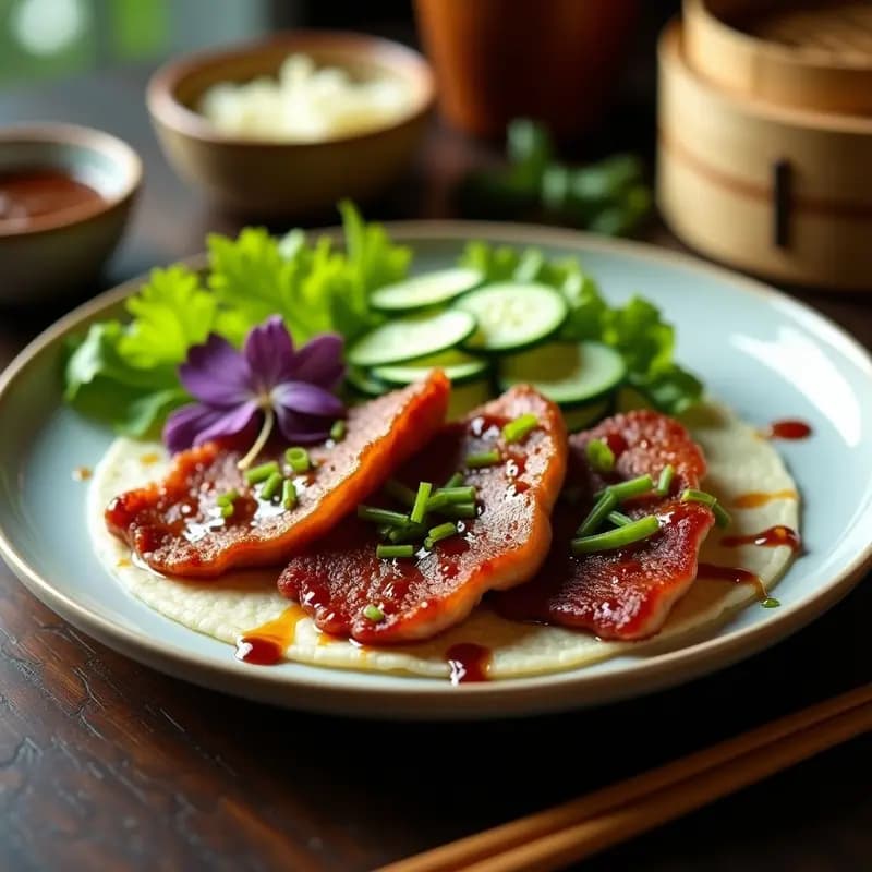 Pekín Duck en airfryer servido en crepes de arroz con salsa hoisin, pepino en juliana y semillas de sésamo. Plato tradicional chino crujiente y auténtico.