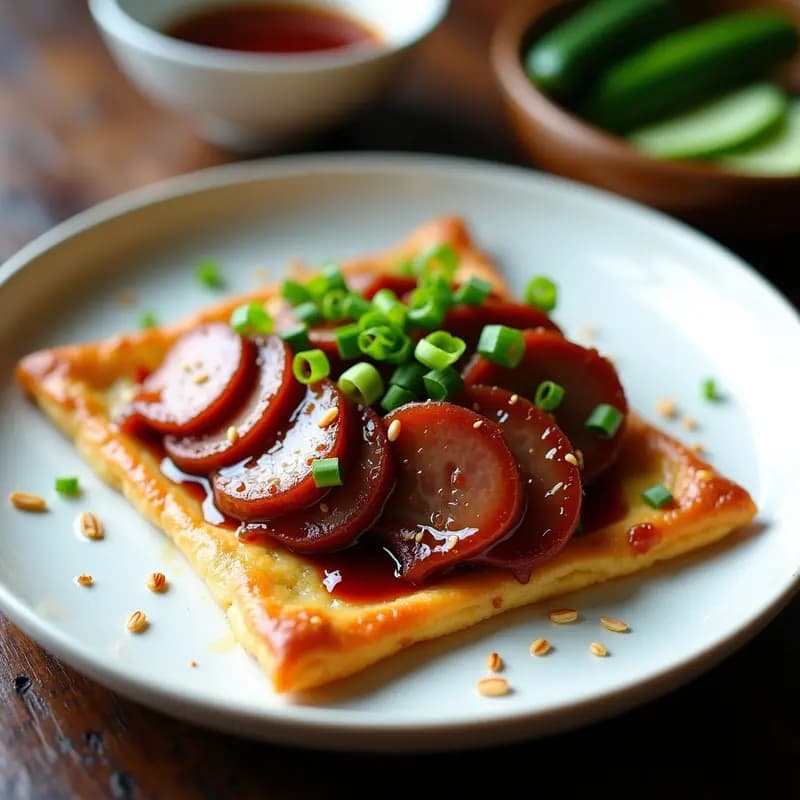 Plato elegante con Pekín Duck keto: hojaldre dorado de coliflor en forma de cuadrados, rellenos de tiras de pato marinado, bañados en salsa hoisin sin azúcar y decorados con cebollino y semillas de sésamo, sobre fondo oscuro.