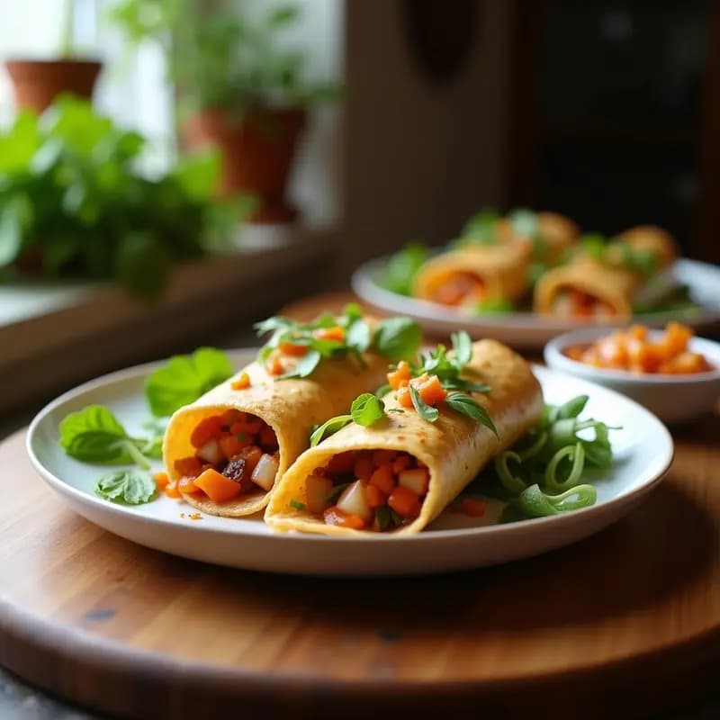 Plato blanco con Pekín Duck Wraps abiertos: hojas de lechuga romana rellenas de tiras doradas de pato asado, cebolla morada, pepino y salsa hoisin brillante, decorados con semillas de sésamo.