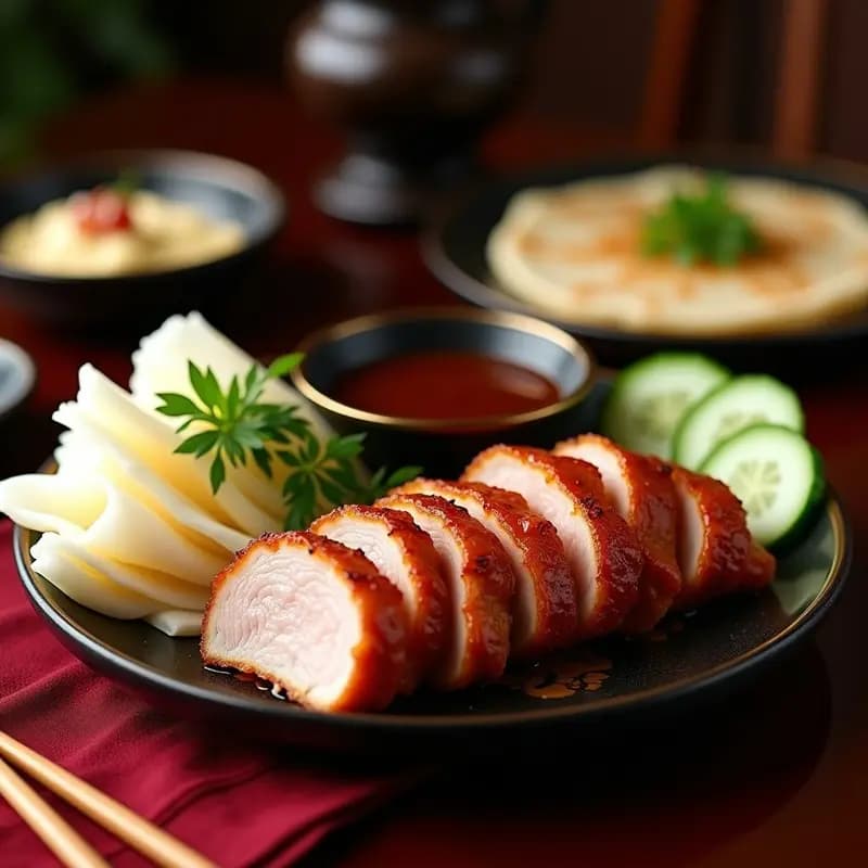 Peking Duck Chine servido en crepes finos con salsa hoisin, pepino y cebolla verde, receta clásica para ocasiones especiales.