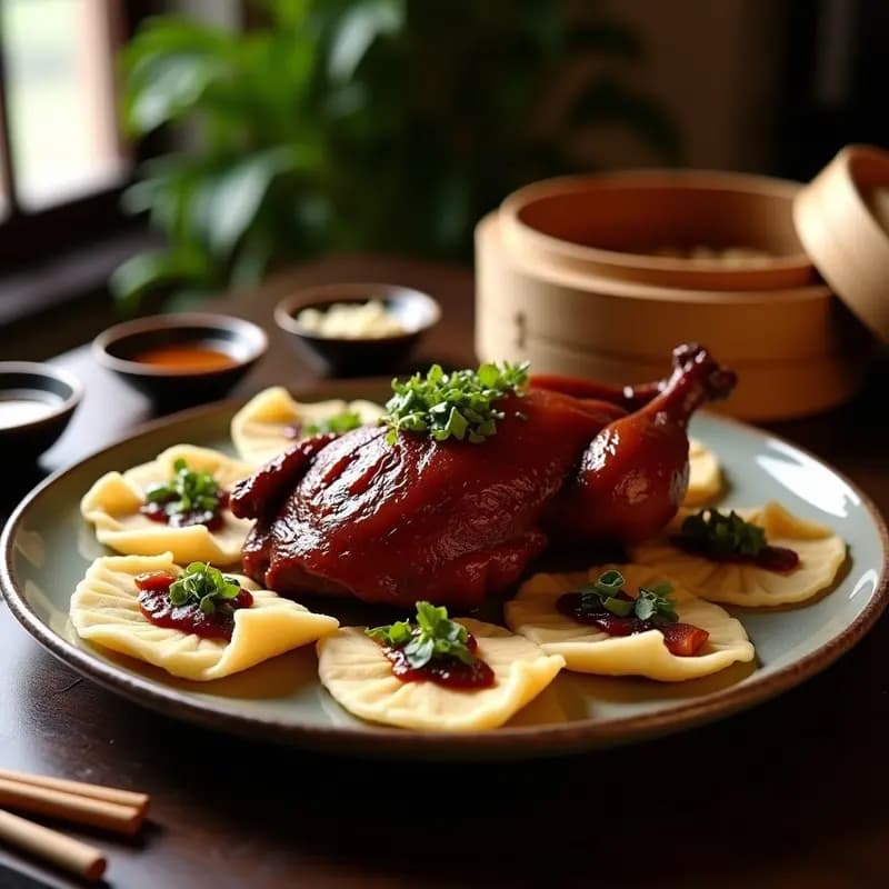 Pato laqueado dorado y brillante con piel crujiente servido en crepes de trigo sarraceno, acompañados de salsa hoisin y cebollino fresco. Receta tradicional china de Peking Duck en horno.