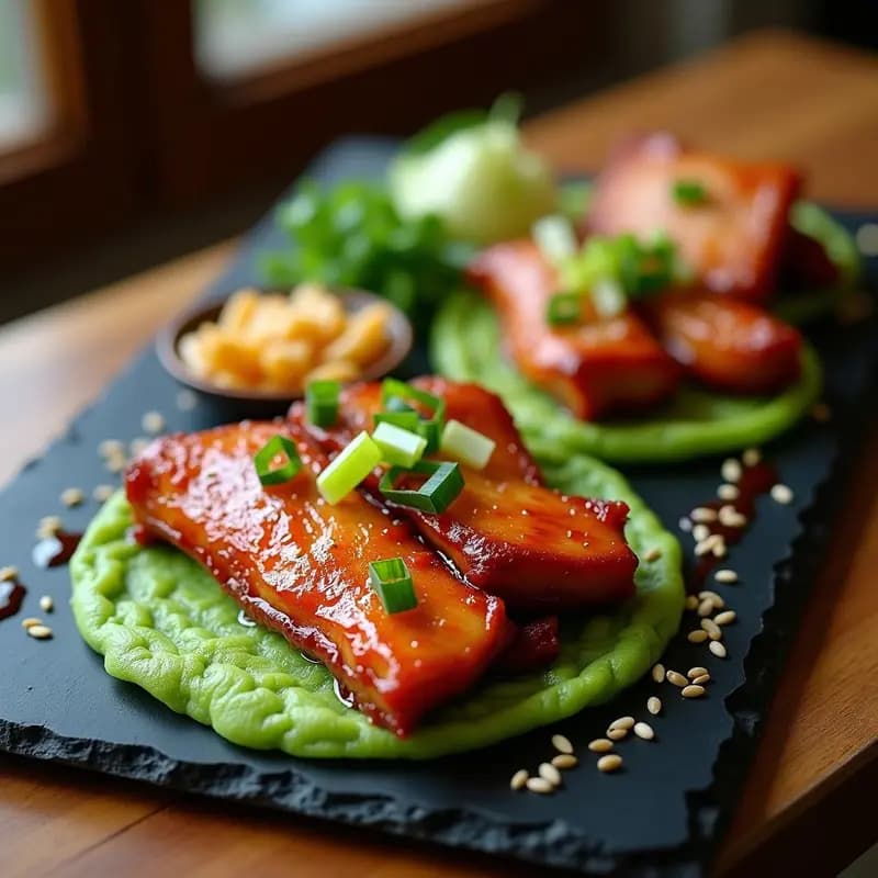Pato laqueado dorado y crujiente cortado en láminas sobre panqueques verdes de cebolla, acompañados de salsa hoisin y juliana de pepino, receta china de autor al horno.