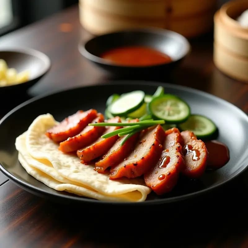 Peking Duck crujiente en Airfryer servido en plato de cerámica negra con panqueques de harina de trigo, hoisin sauce, pepino en juliana y cebolla verde, receta china auténtica.