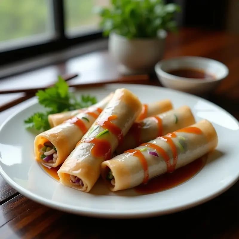 Peking Duck Roll tradicional chino servido en plato de porcelana blanca, con rolls de pan de hoja dorados rellenos de pato crujiente, pepino y cebolla morada, acompañados de salsa hoisin oscura en un bol pequeño y hojas de cilantro fresco.