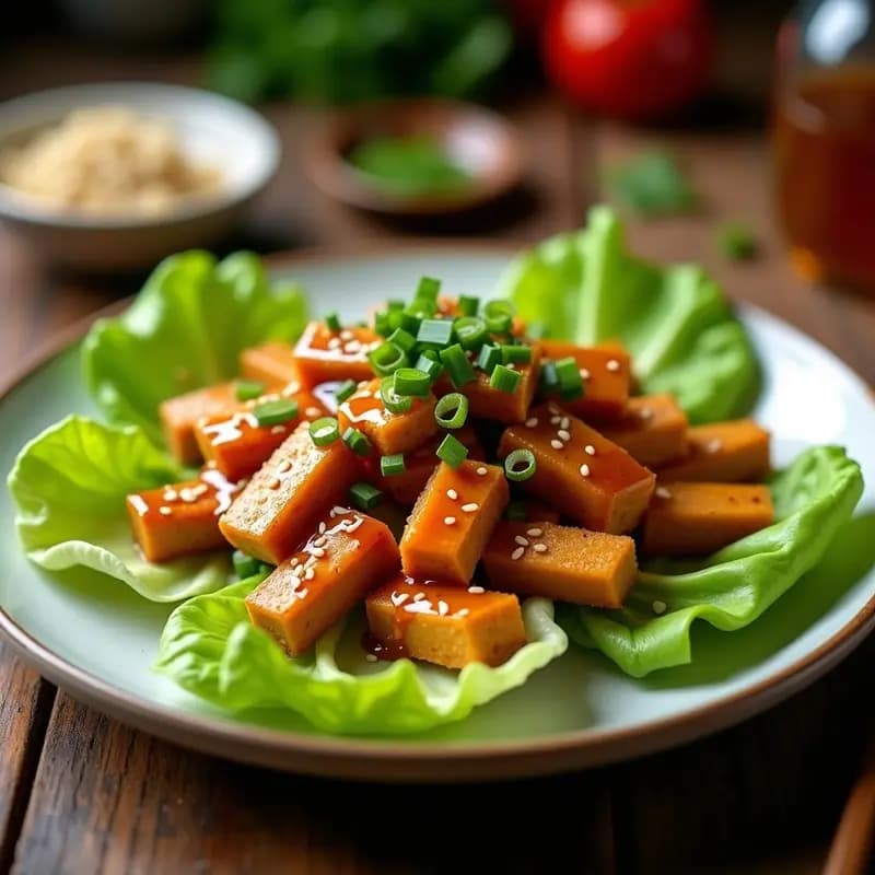 Plato de porcelana blanca con tofu crujiente dorado estilo Peking Duck, servido sobre hojas de lechuga romana, bañado en salsa hoisin casera oscura y espolvoreado con cebollino fresco y pimienta de Sichuan. Al fondo, rodajas de pepino y una cucharada de salsa extra.