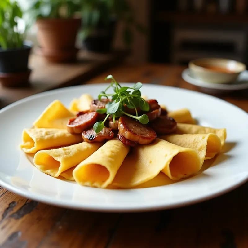 Peking Duck vegano con jackfruit desmenuzado dorado y brillante, servido en crepes de arroz finos y flexibles, acompañados de cebolla morada, pepino y salsa hoisin. Plato tradicional chino reinventado en versión vegana, con texturas crujientes y sabores umami.