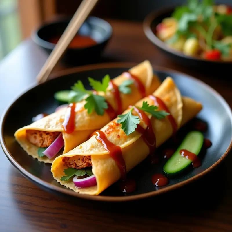 Plato tradicional chino reinventado: crepes dorados de harina de garbanzo rellenos de berenjena asada marinada en especias, cebolla morada, pepino y lechuga, acompañados de salsa hoisin brillante y semillas de sésamo. Receta vegana de Peking Duck sin gluten.