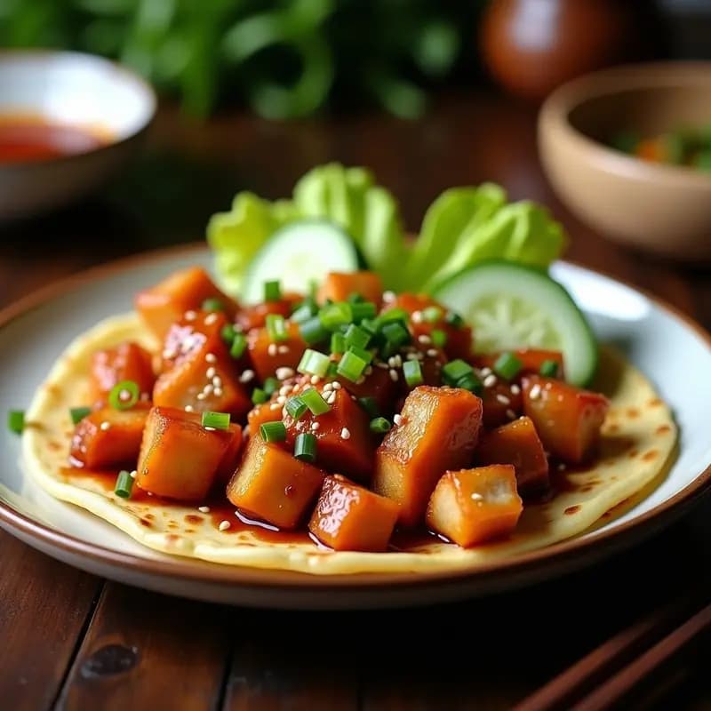 Plato de Peking Duck vegano con jackfruit dorado y crujiente, servido en panqueques chinos caseros de harina de arroz, acompañados de pepino en juliana, cebollino y hojas de lechuga, con un toque de salsa hoisin y aceite de sésamo.
