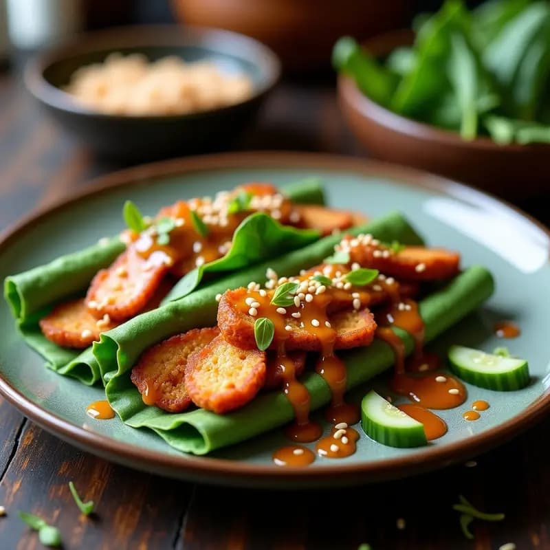 Plato de Peking Duck vegano con pancakes de espinaca verdes y esponjosos, rellenos de jackfruit dorado y crujiente, bañados en salsa hoisin brillante. Acompañado de semillas de sésamo tostadas y rodajas de pepino fresco sobre un fondo rústico de madera.