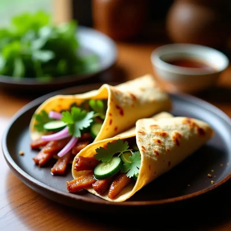 Peking Duck Wraps dispuestos en un plato de madera oscura, con tortillas de trigo doradas rellenas de tiras de pato glaseado, pepino en juliana, cebolla morada y cilantro fresco, acompañados de un bol pequeño de salsa hoisin espesa.