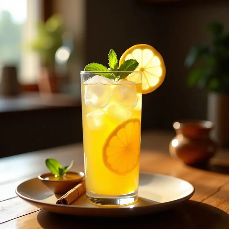 Vaso alto de cristal con pemonada gallega fría, decorado con rodaja de limón, hoja de menta y una rama de canela al lado, sobre fondo rústico de madera con luz natural.