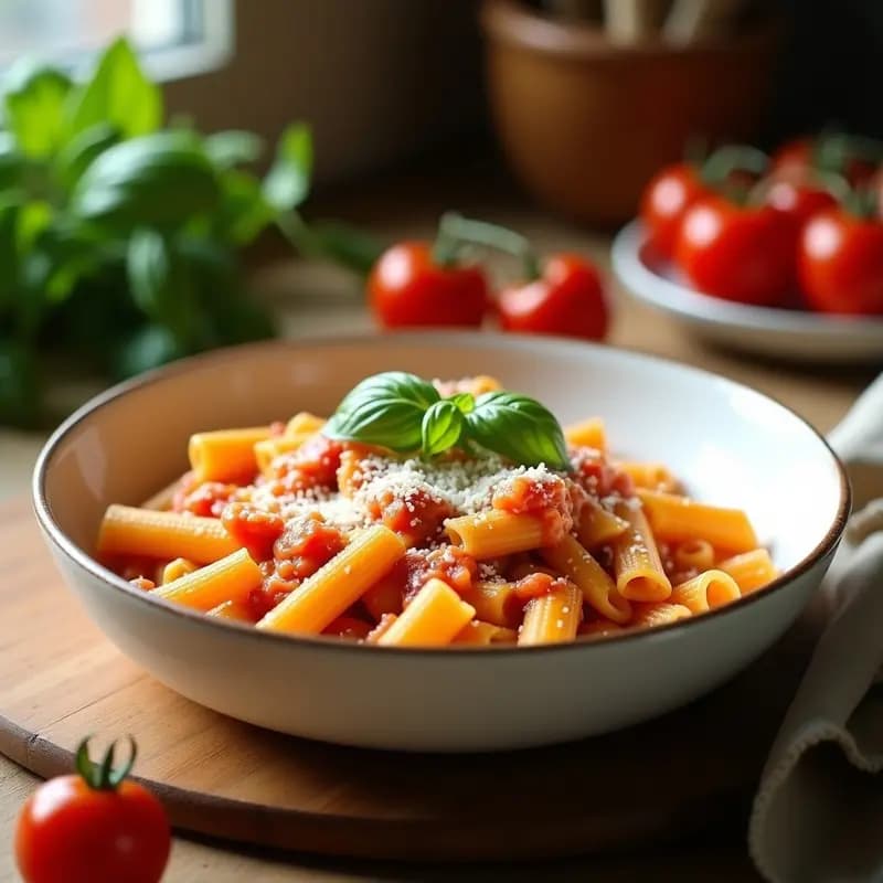 Plato de penne al vodka con salsa de tomate y nata, cremosa y brillante, servida en un bol blanco con queso parmesano rallado y hojas de albahaca fresca.