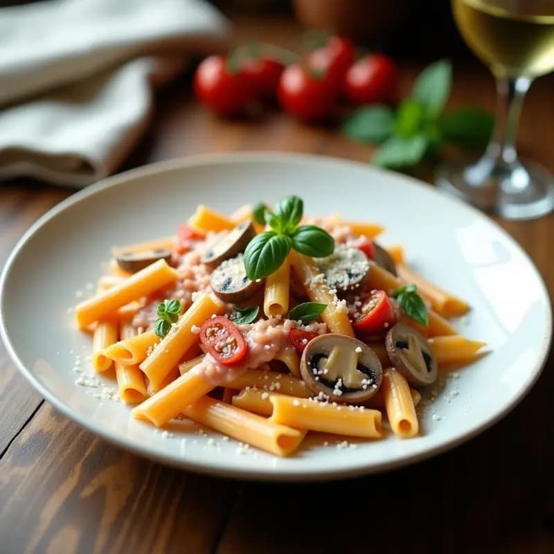 Plato blanco con penne alla vodka cubiertos de salsa cremosa de tomate, champiñones laminados y tomates secos, espolvoreados con perejil fresco y queso parmesano rallado.