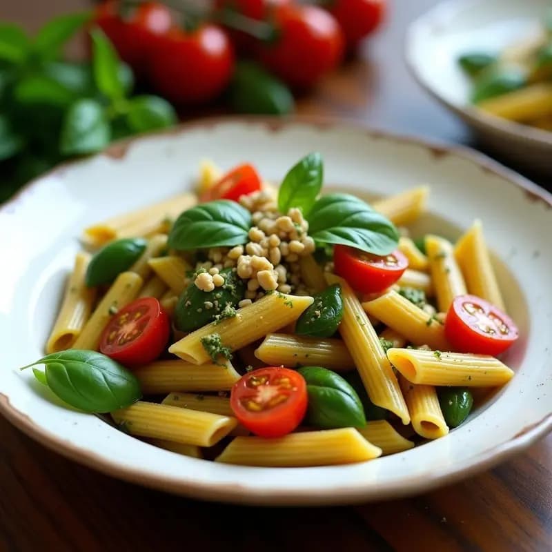 Plato hondo blanco con penne de lentejas rojas sin gluten cubiertas de un vibrante pesto verde de albahaca y nueces, acompañadas de tomates cherry rojos y espinacas frescas. Decoración con hojas de albahaca y nueces picadas, servido en una mesa rústica con fondo borroso.