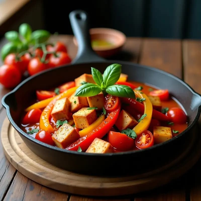 Sartén de hierro fundido con peperonata italiana vegana: pimientos rojos y amarillos en tiras, cubos de tofu ahumado dorado, tomates perla y albahaca fresca, todo bañado en una salsa espesa y brillante. Plato rústico y colorido sobre fondo de madera.