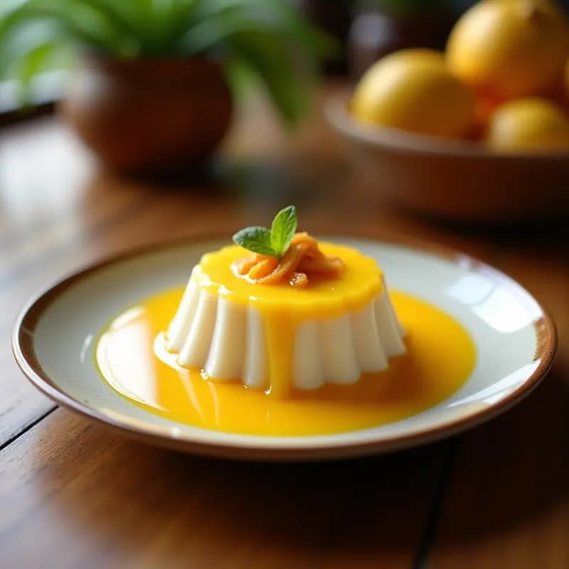 Vaso alto de cristal con Péphé de mango y leche de coco, bebida senegalesa de color amarillo cremoso, decorada con trozos de mango fresco, semillas de sésamo tostadas y pétalos de flor de hibisco rojo, sobre fondo de madera rústica con luz natural.