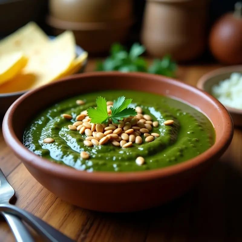 Cuenco de barro con pepián de espinacas y semillas de girasol vegano, salsa guatemalteca cremosa de color verde oscuro, decorado con semillas de girasol tostadas y hojas de cilantro fresco, sobre fondo rústico de madera con tortillas de maíz al lado.