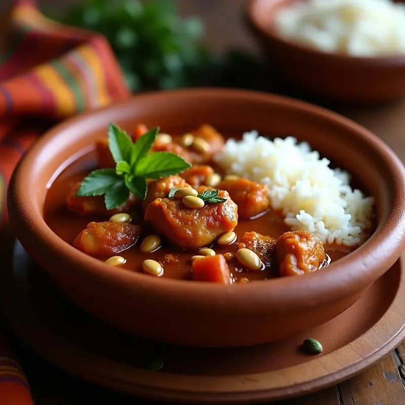 Plato hondo de barro con pepián guatemalteco: pollo desmenuzado en salsa espesa de color marrón oscuro, espolvoreado con semillas de calabaza tostadas y almendras fileteadas, acompañado de tortillas de maíz y hojas de hierbabuena fresca.