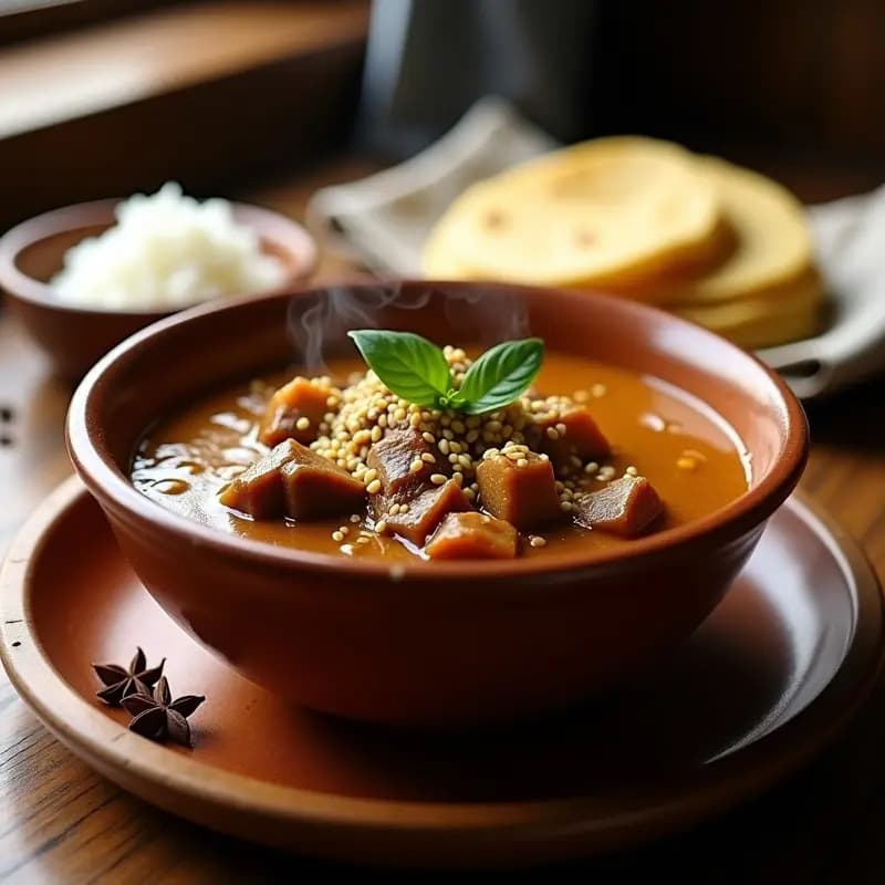 Plato hondo de barro con pepián de res con sésamo y especias, estofado guatemalteco espeso de color marrón dorado, decorado con semillas de sésamo tostadas y hojas de hierbabuena fresca, acompañado de arroz blanco y tortillas de maíz.