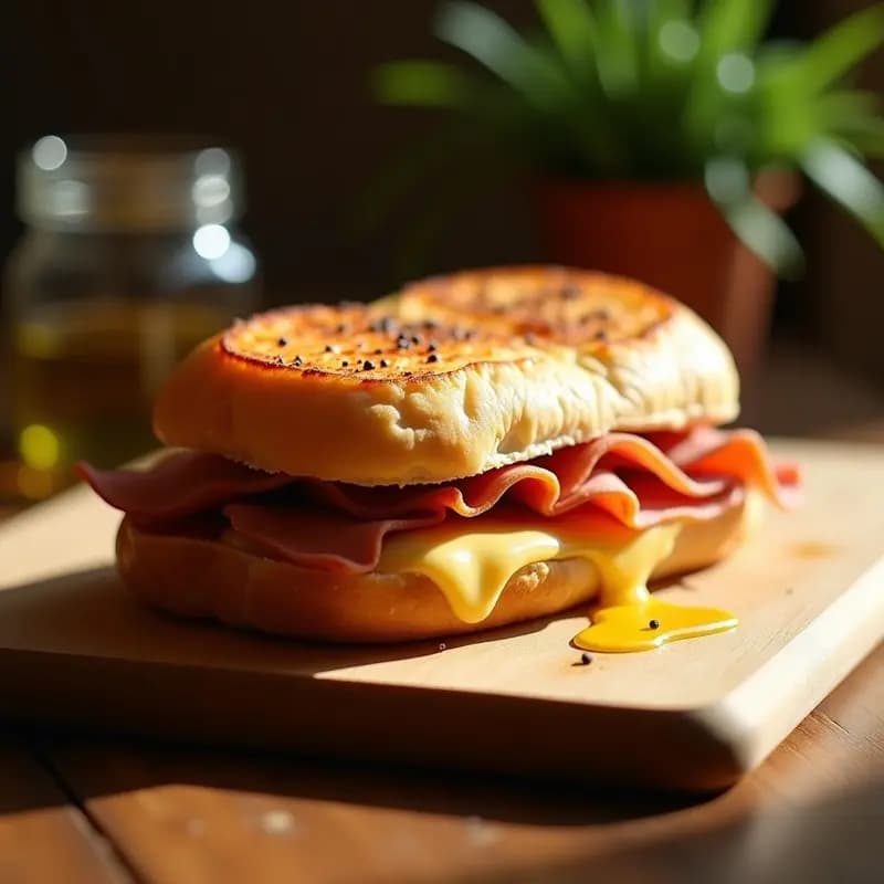 Pépito de ternera con queso fundido y jamón cocido, bocadillo caliente gourmet recién hecho, pan dorado y crujiente, servido en plato de madera con fondo rústico.