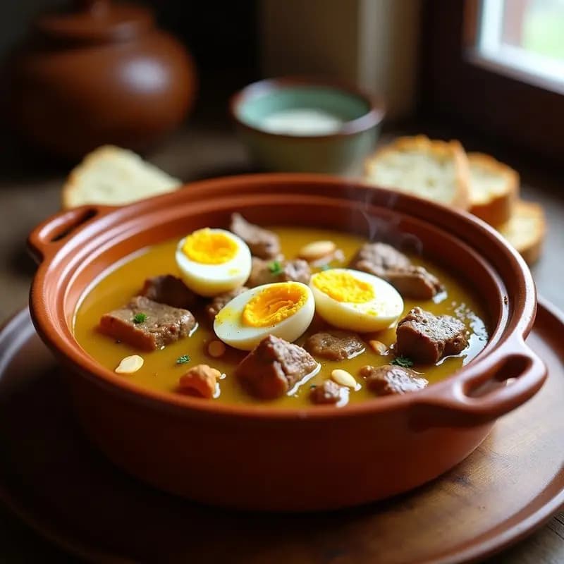 Cazuela de barro humeante con Pepitoria de Cordero con Almendras y Azafrán, guiso manchego tradicional con trozos de cordero, salsa espesa dorada y huevos duros partidos. Acompañado de pan rústico y decorado con hebras de azafrán.