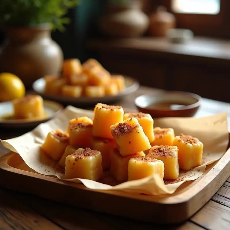 Bandeja rústica de madera con pepitorias sefardíes de almendras y miel, doradas y brillantes, servidas en trozos irregulares sobre papel de horno.