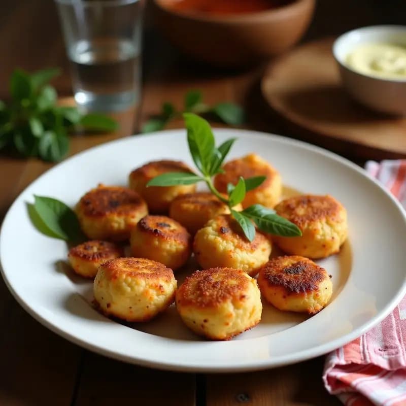 Plato blanco rústico con pepitorias doradas y crujientes, croquetas tradicionales de sangre de cerdo y cebolla, servidas sobre papel absorbente con un fondo de madera oscura.