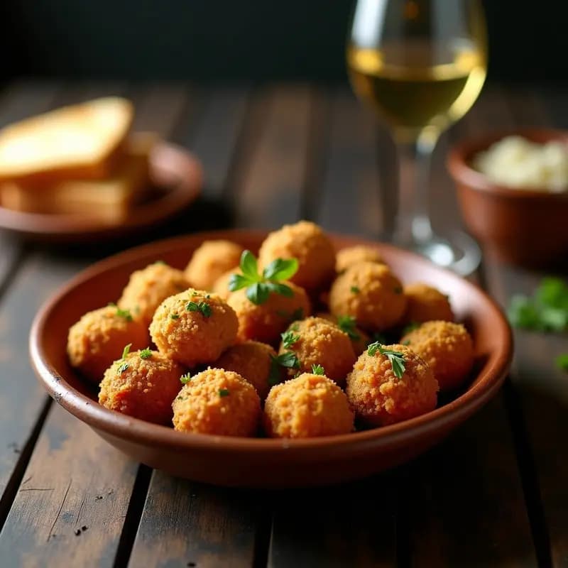 Plato de pepitorias de hígado de pollo empanadas y doradas, con trozos de ajo y perejil fresco, servidas en cazuela de barro sobre fondo rústico.